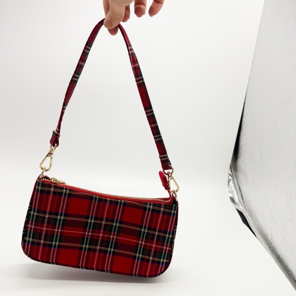 John Galt Red Plaid Mini Cotton Shoulder Bag - Picture 7 of 9